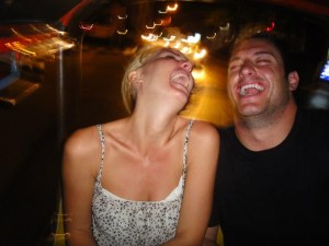Us in the back of a tuk tuk after a very long and interesting night in Bangkok Thailand. 